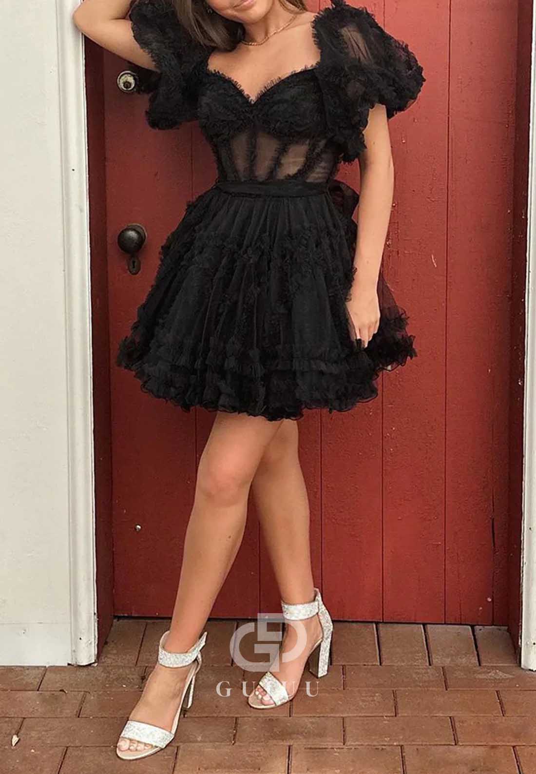 A-Line Short Sleeves Sweetheart Corset Homecoming Dress