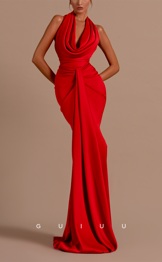 G3256 - Chic & Modern Halter Pleats Sheath Red Satin Long Formal Prom Dresses