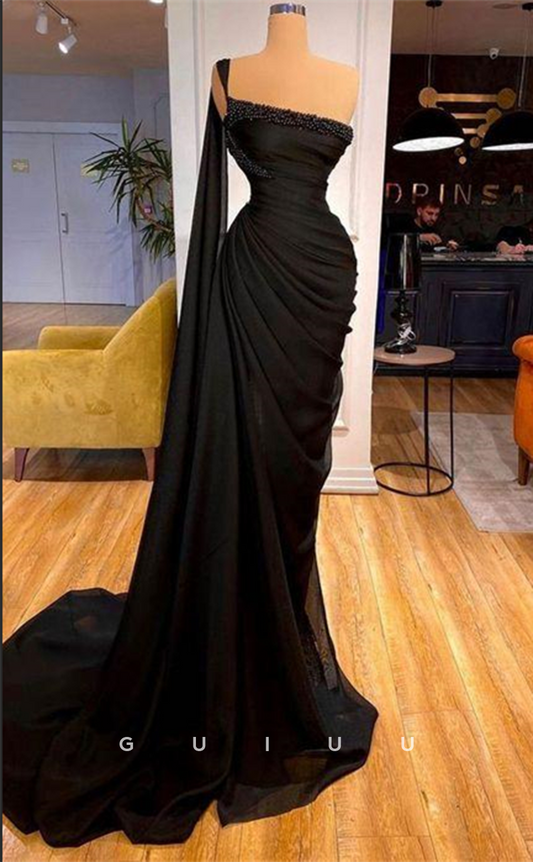 G3204 - Chic & Modern One Shoulder Beaded Shawl Long Formal Prom Dresses