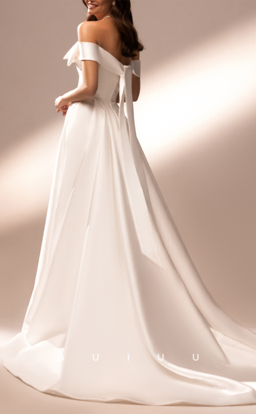 GW482 - Chic & Modern A-Line Off-Shoulder Satin Bows Boho Wedding Dresses