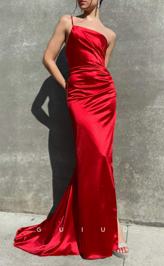 G3250 - Classic Simple One Shoulder Pleats Satin Red Long Formal Prom Dresses