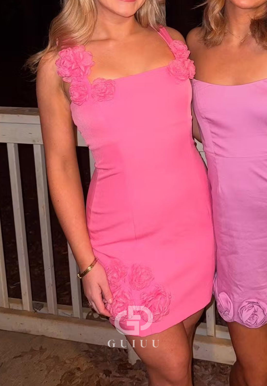 Hot Pink Floral Applique Square Neck Mini Homecoming Dress