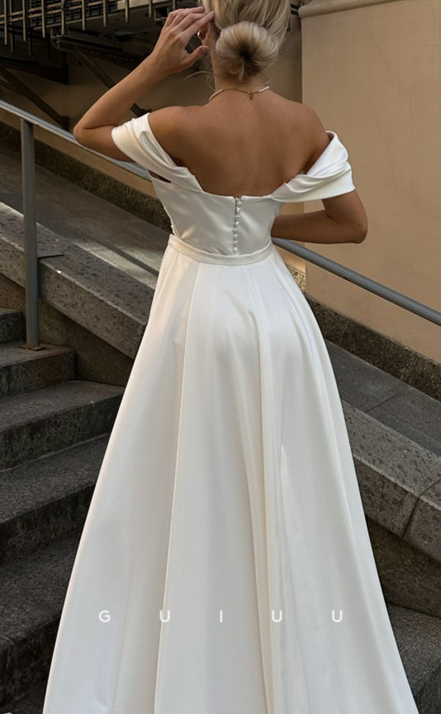 GW477 - Simple & Modern Off-Shoulder Sweetheart Pleats Boho Wedding Dresses With Slit