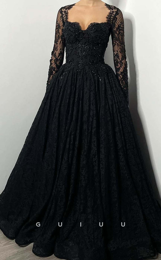 G3196 - Elegant & Luxurious A-Line Sweetheart Lace Beaded Long Formal Prom Dresses