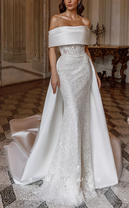 GW385 - Elegant & Luxurious Off-Shoulder Beaded Embroidered Wedding Dress With Train