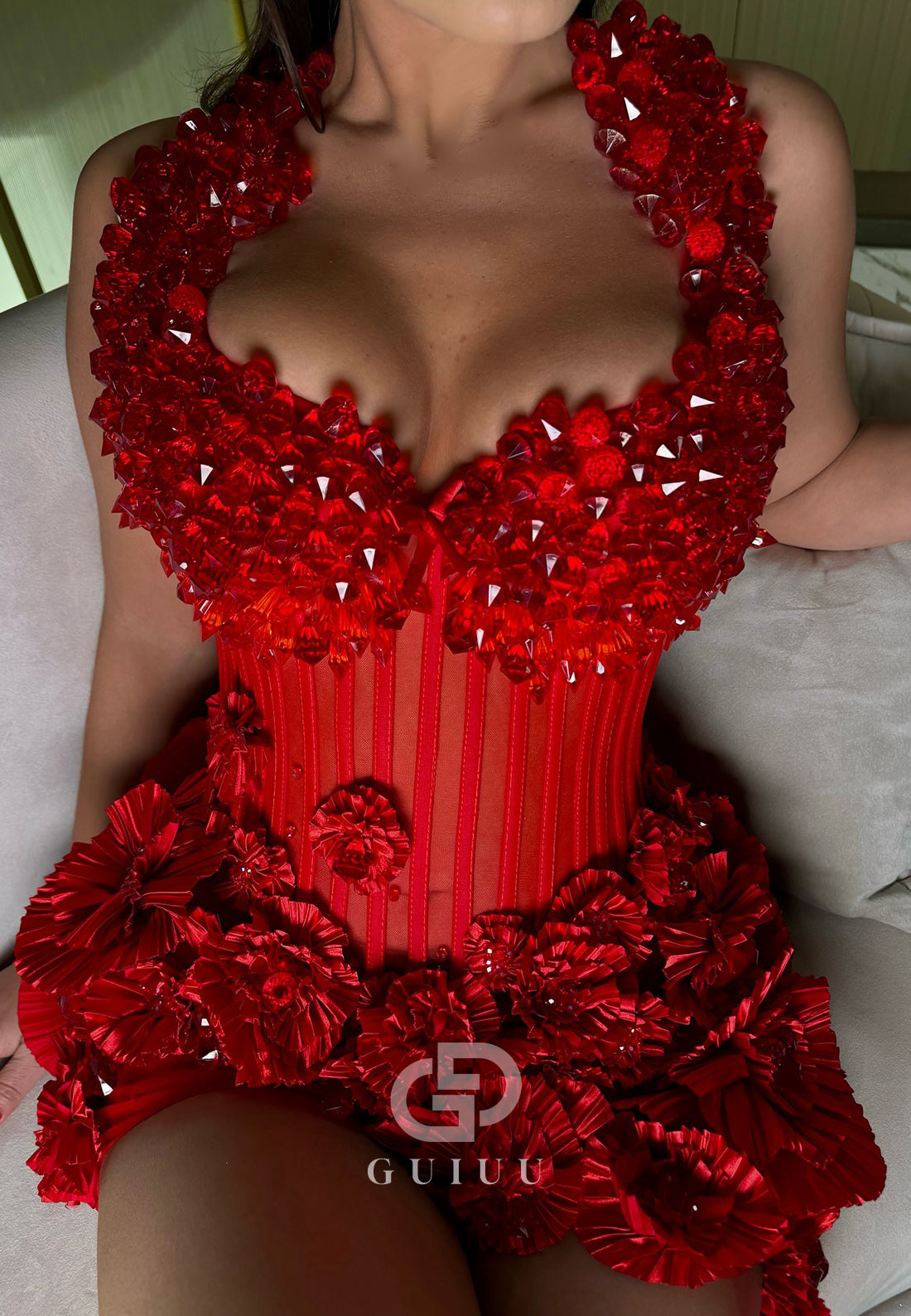 Red Sexy Halter Sleeveless Appliques Ruffles Homecoming Dress
