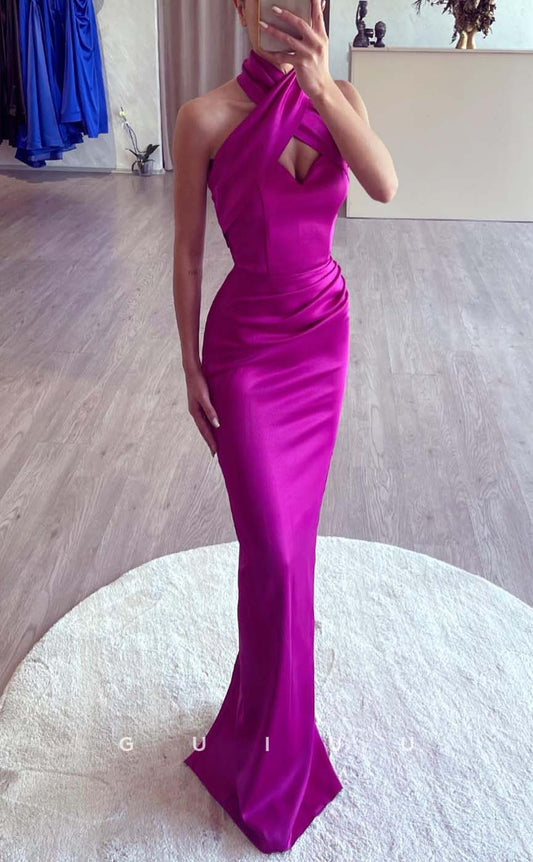 G3228 - Chic & Modern Fitted Halter Pleats Hot Pink Long Formal Prom Dresses