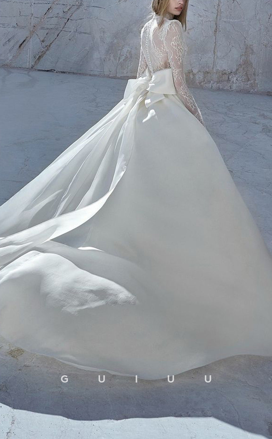 GW476 - Elegant & Luxurious A-Line High Neck Lace Sleeves Sheer Satin Wedding Dresses