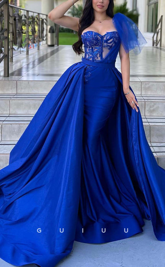G3299 - A-Line Beaded One Shoulder Satin Blue Long Party Prom Evening Dresses