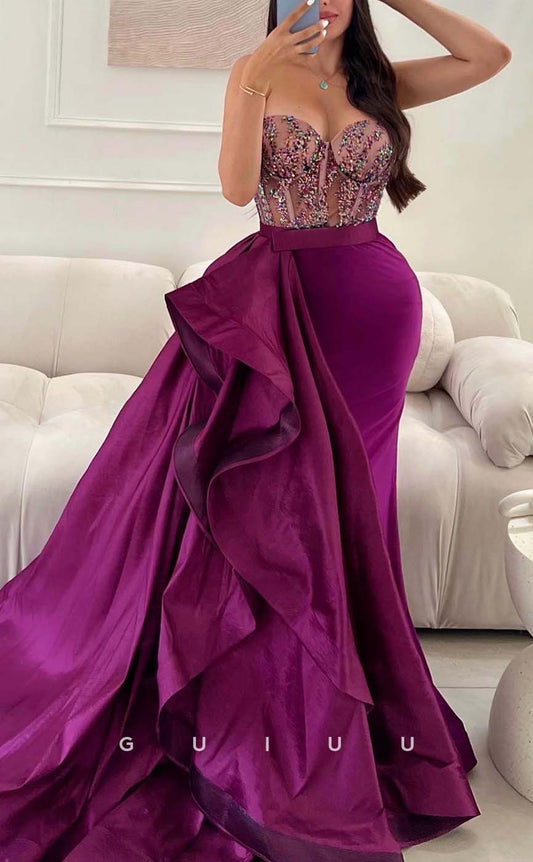 G3300 - Chic & Modern Beaded Sheer Strapless Satin Train Party Prom Evening Dresses