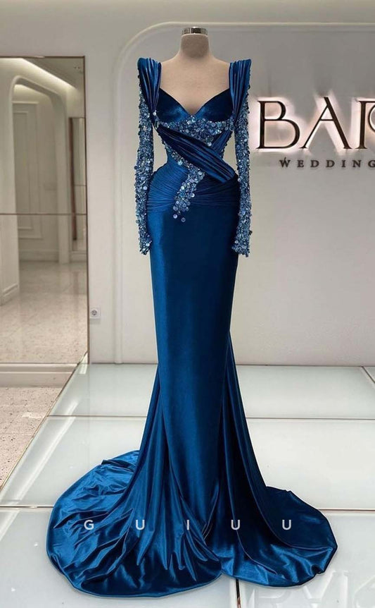 G3246 - Elegant & Luxurious V-Neck Sequins Long Sleeves Formal Prom Dresses