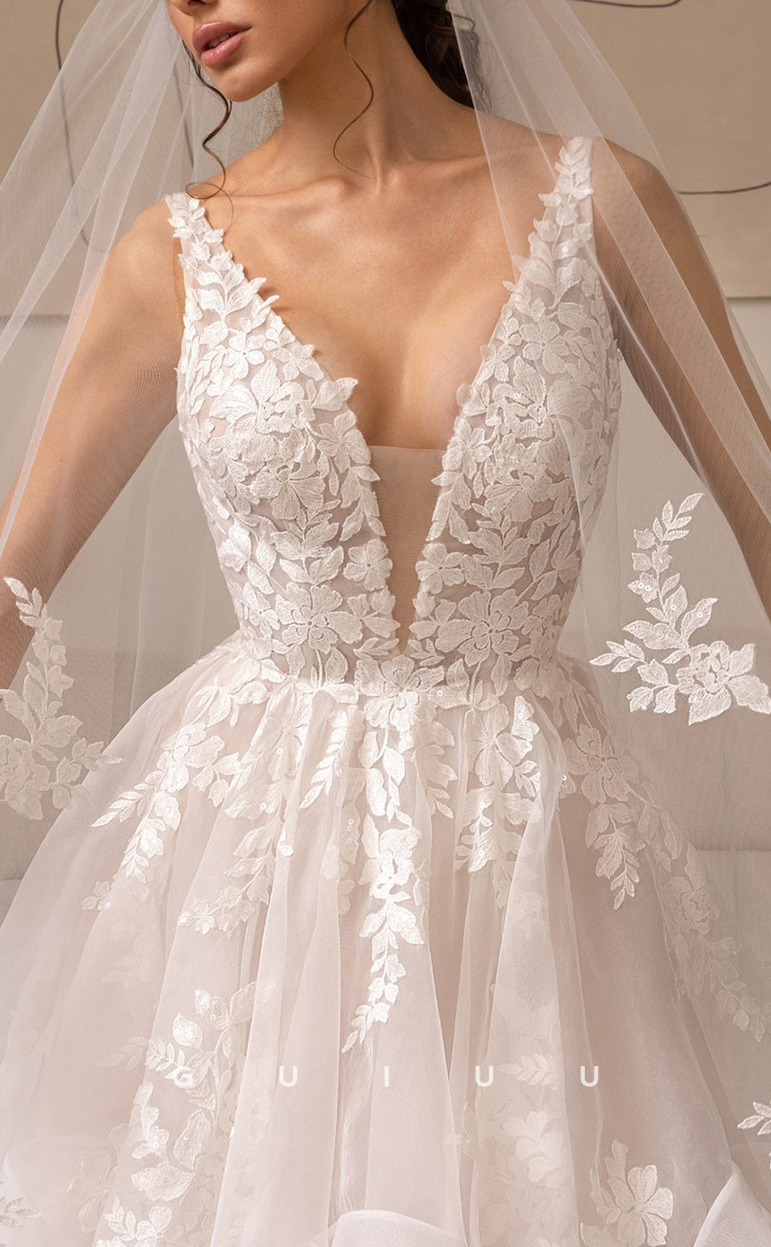 GW483 - Classic & Timeless A-Line V-Neck Applique Sheer Tulle Boho Wedding Dresses