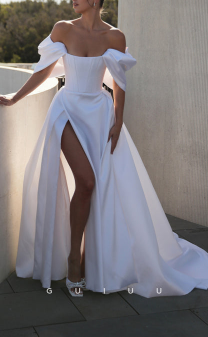 GW474 - Chic & Modern A-Line Off-Shoulder Satin Beach Boho Wedding Dresses