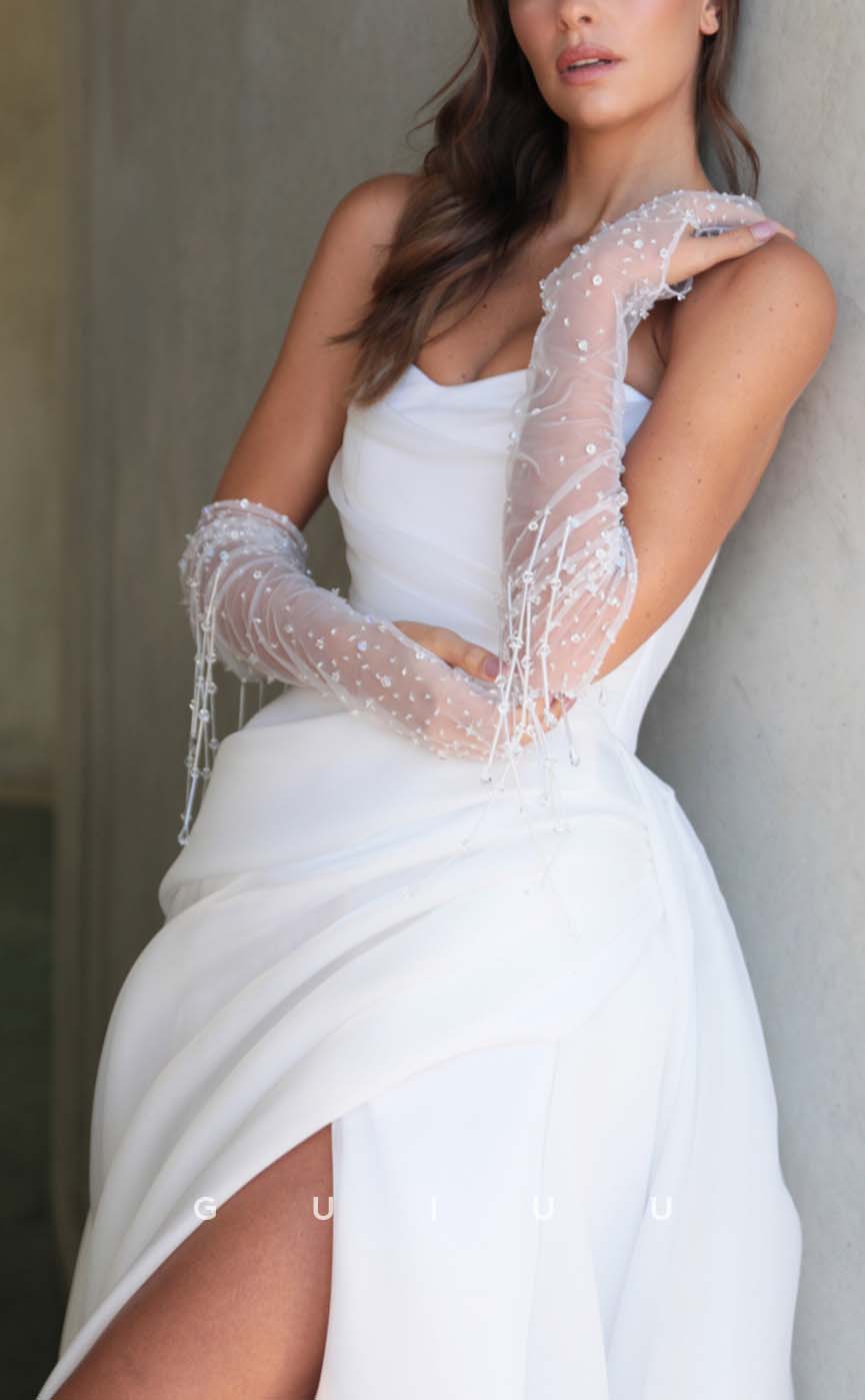 GW470 - Chic & Modern A-Line Straples Pleats Gloves Boho Beach Wedding Dresses
