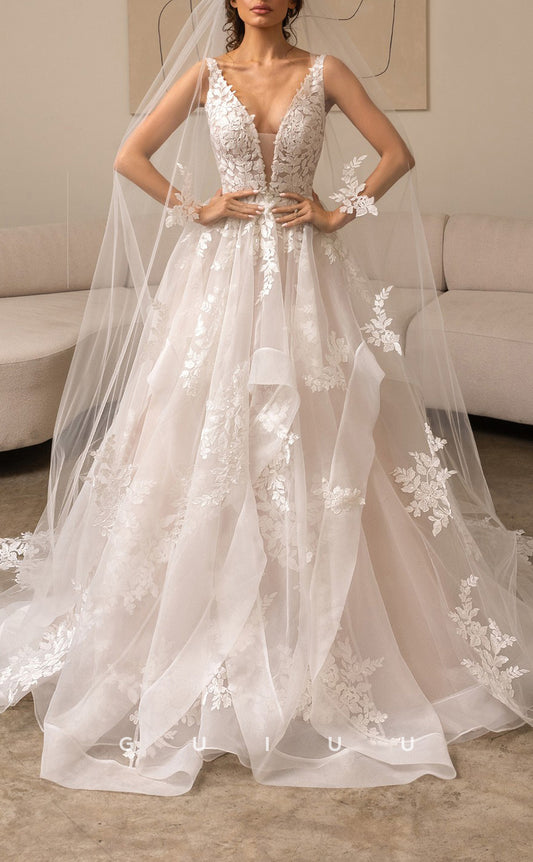 GW483 - Classic & Timeless A-Line V-Neck Applique Sheer Tulle Boho Wedding Dresses