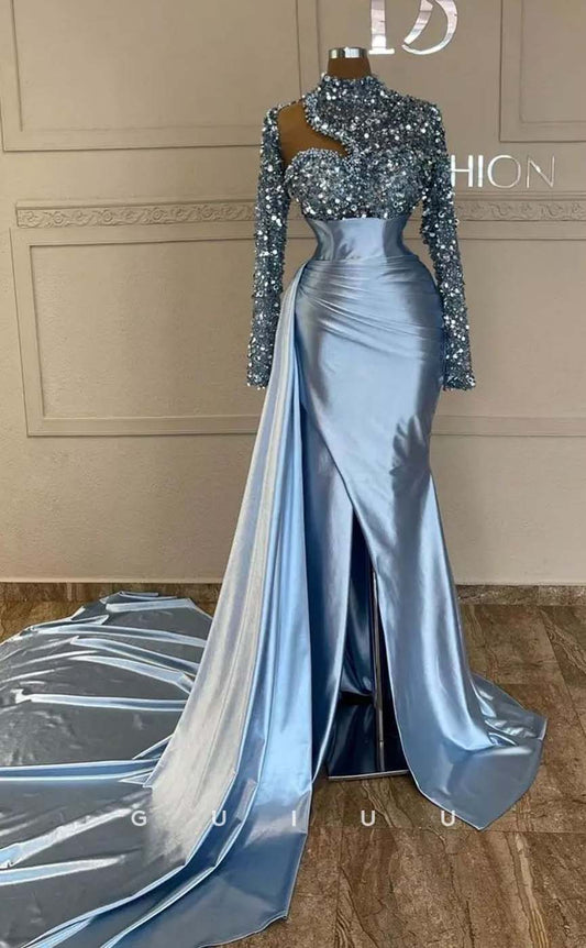 G3218 - Elegant & Luxurious Beaded Sequins High Neck Long Sleeves Prom Dresses