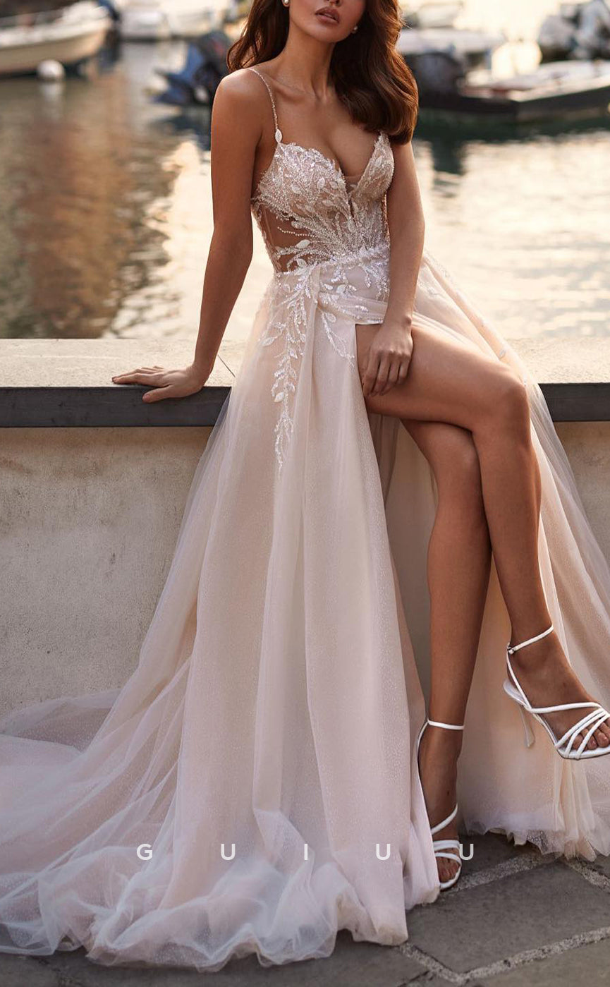 GW484 - Elegant & Luxurious A-Line V-Neck Beaded Sheer Straps Tulle Wedding Dresses