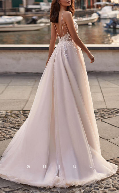 GW484 - Elegant & Luxurious A-Line V-Neck Beaded Sheer Straps Tulle Wedding Dresses