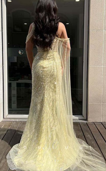 G3274 - Elegant & Luxurious Sequins One Shoulder Shawl Long Party Prom Evening Dresses