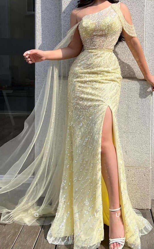 G3274 - Elegant & Luxurious Sequins One Shoulder Shawl Long Party Prom Evening Dresses