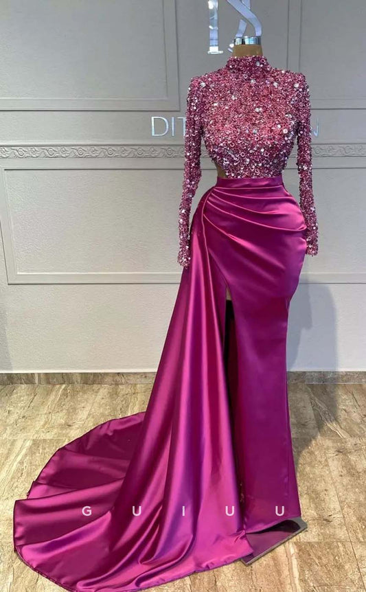 G3219 - Chic & Modern Beaded Sequins High Neck Long Sleeves Formal Prom Dresses