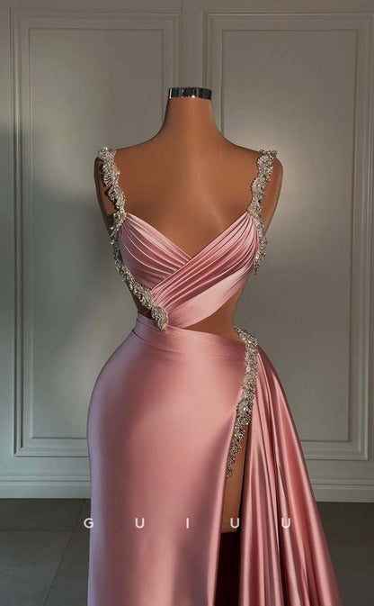 G3283 - Chic & Modern Beaded Straps Pleats Long Party Prom Evening Dresses With Slit