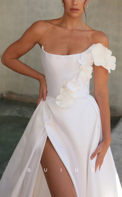 GW473 - Chic & Modern One Shoulder Floral Embossed Beach Boho Wedding Dresses