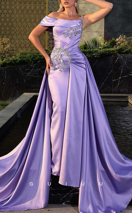 G3313 - Chic & Modern A-Line One Shoulder Pleats Beaded Long Party Prom Evening Dresses