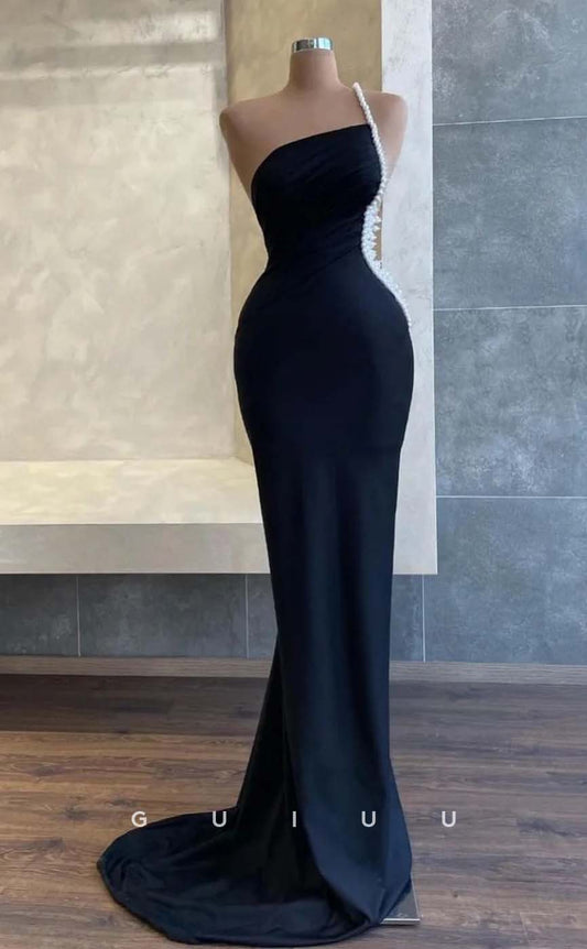 G3202 - Elegant & Luxurious One Shoulder Beaded Black Long Formal Prom Dresses