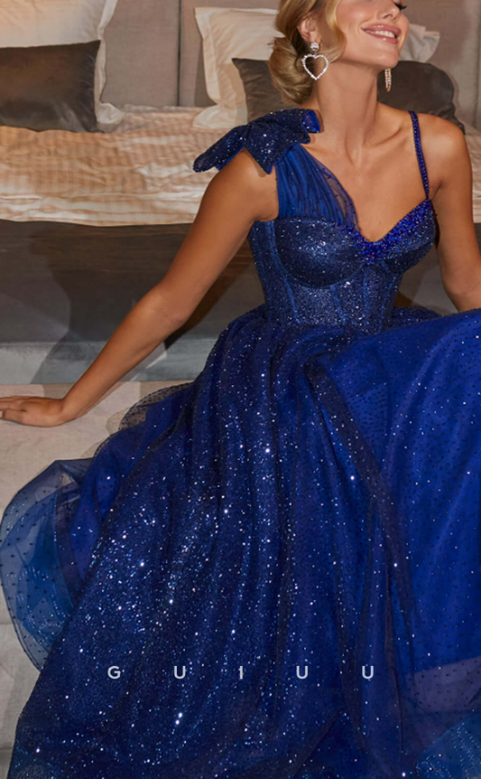 GH580 - Couture Asymmetrical Spaghetti Straps Sparkle Royal Blue Lace-Up Homecoming Dress