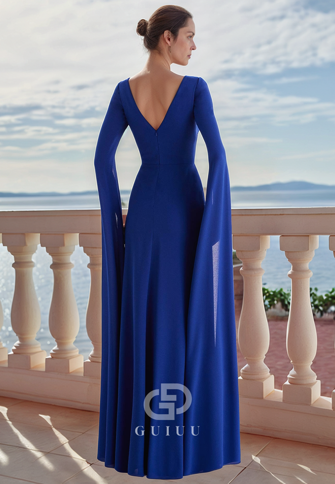 Dark Navy A-Line Long Sleeves Scoop Chiffon Mother of the Bride Dress