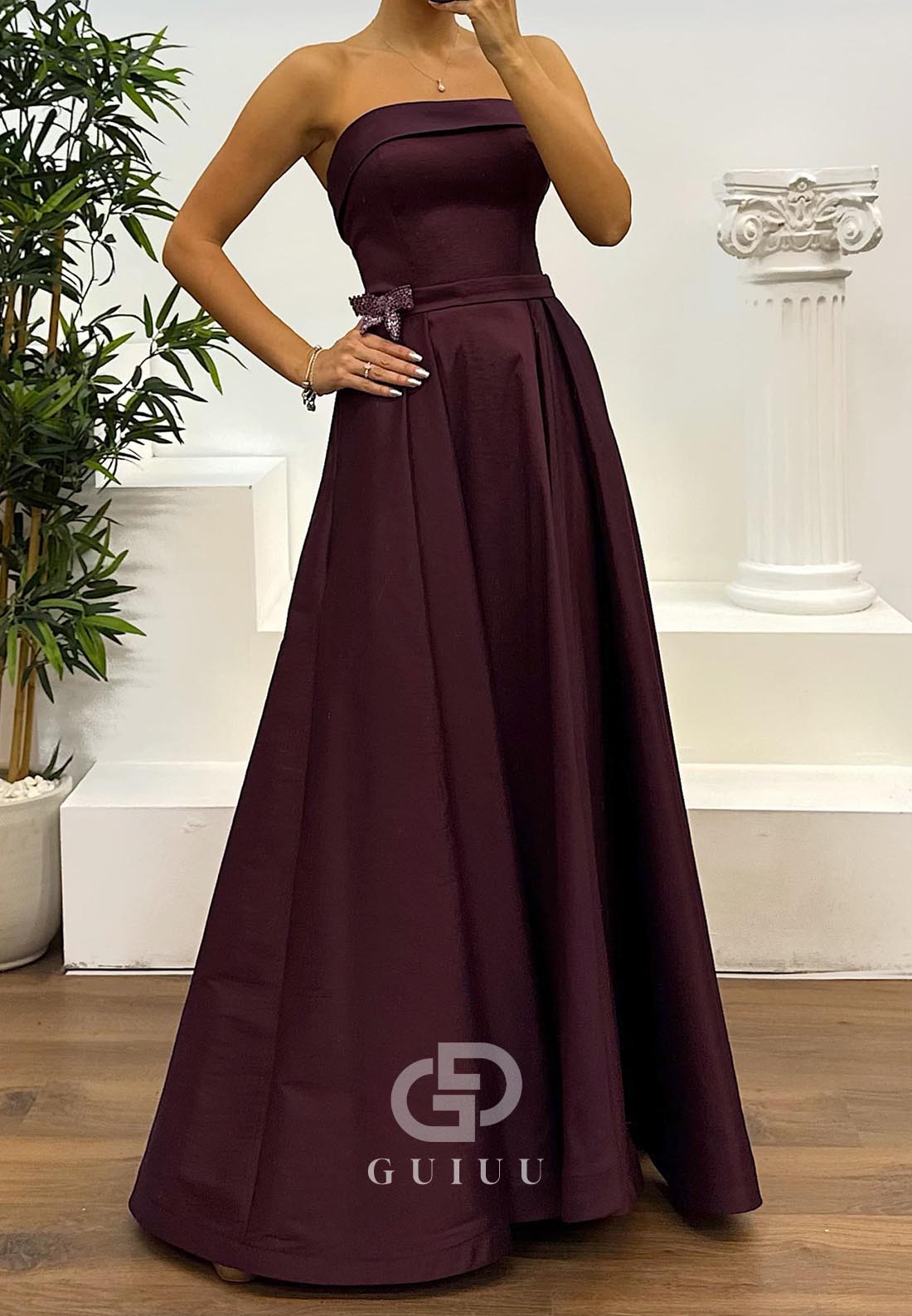 Plum A-Line Strapless Sleeveless Empire-Waist Evening Dress