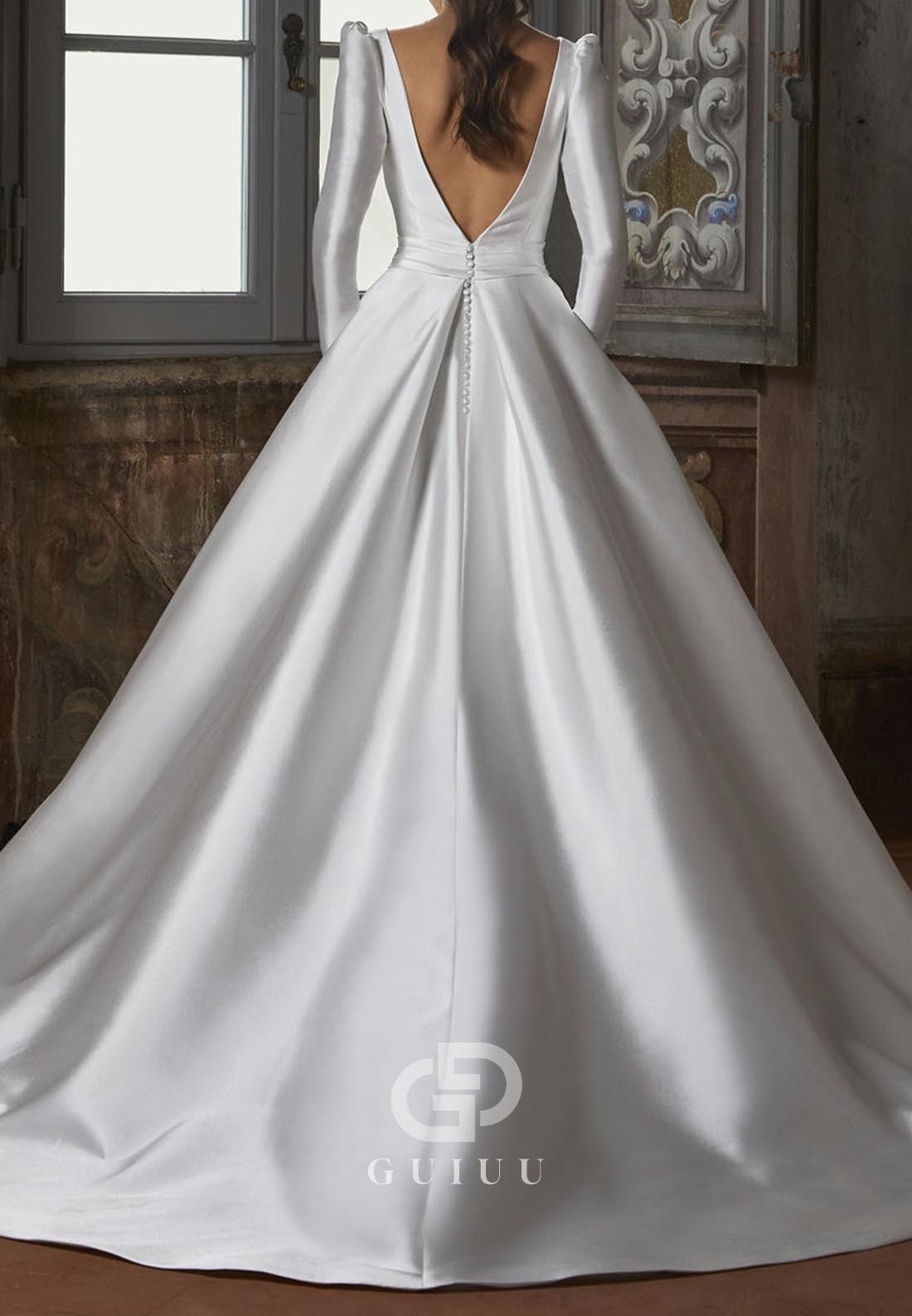 Gorgeous Long Sleeves Scoop Empire-Waist Backless Satin Wedding Dress