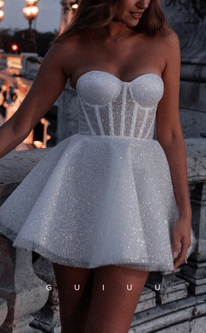GW942 - A-Line Glitter Sweetheart Fully Sequins Short Mini Wedding Dress