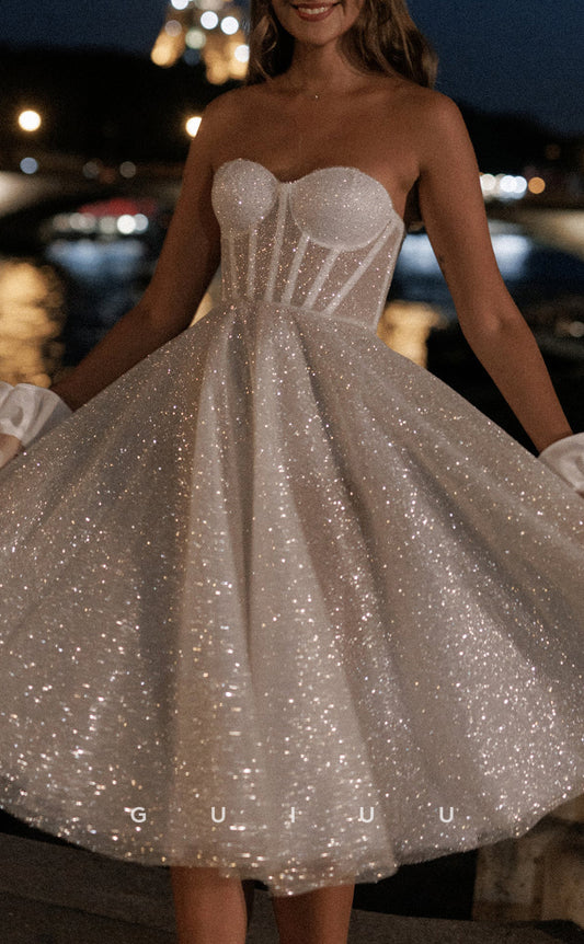 GW941 - A-Line Glitter Sweetheart Fully Sequins Short Mini Wedding Dress