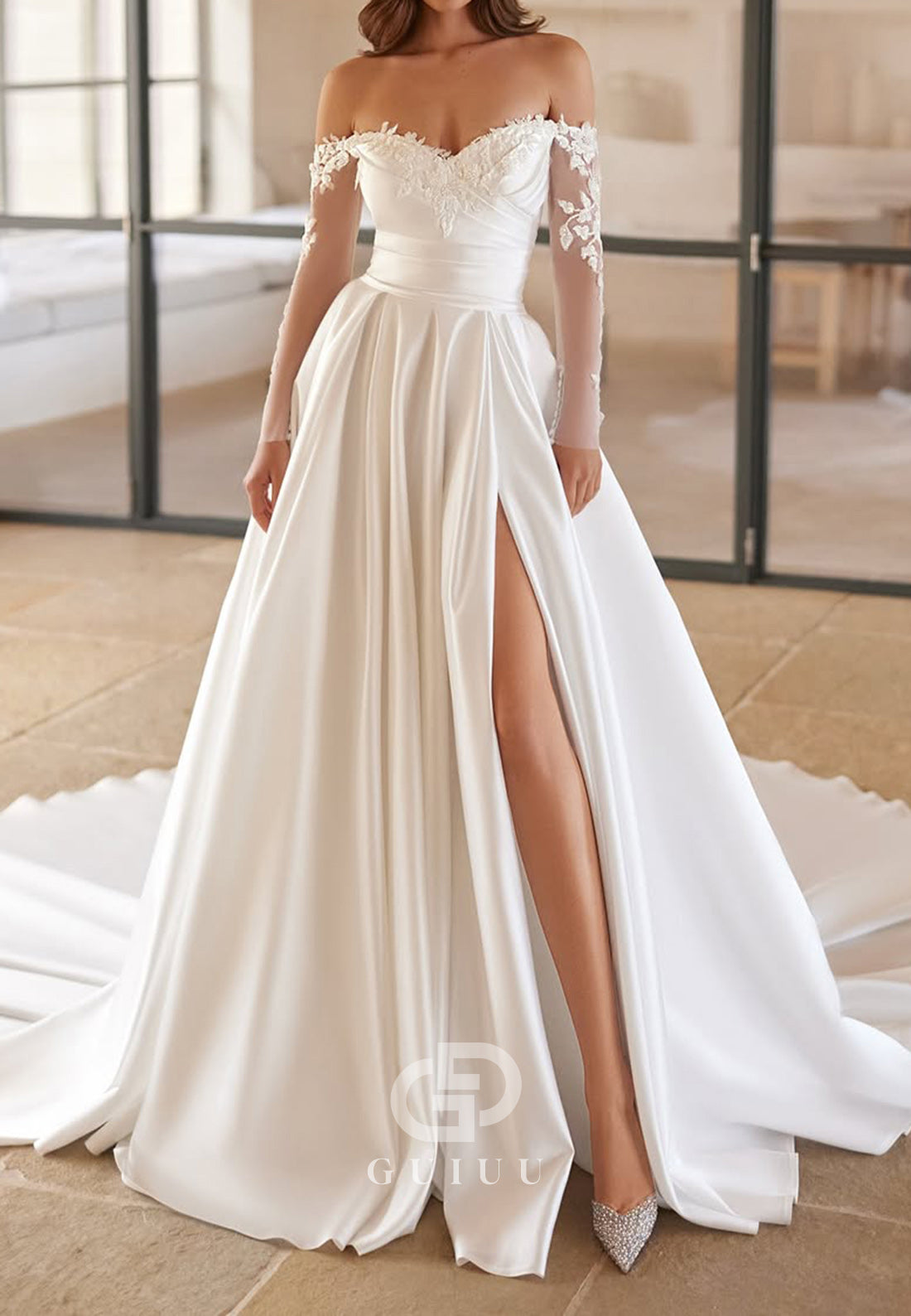 A-Line Long Sleeves Sweetheart Satin Wedding Dress