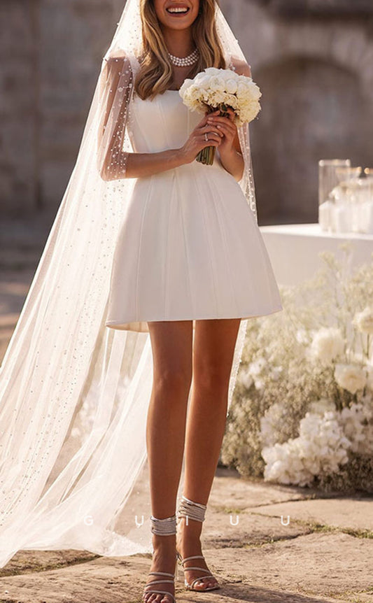 GW944 - A-Line Square Sleek Satin Elegant Short Mini Wedding Dress