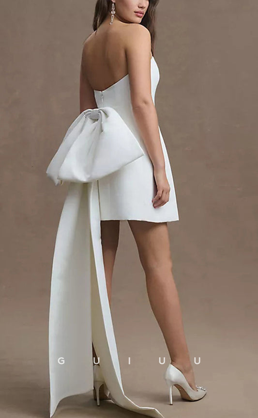 GW945 - A-Line Strapless Sleek Satin Elegant Short Mini Wedding Dress