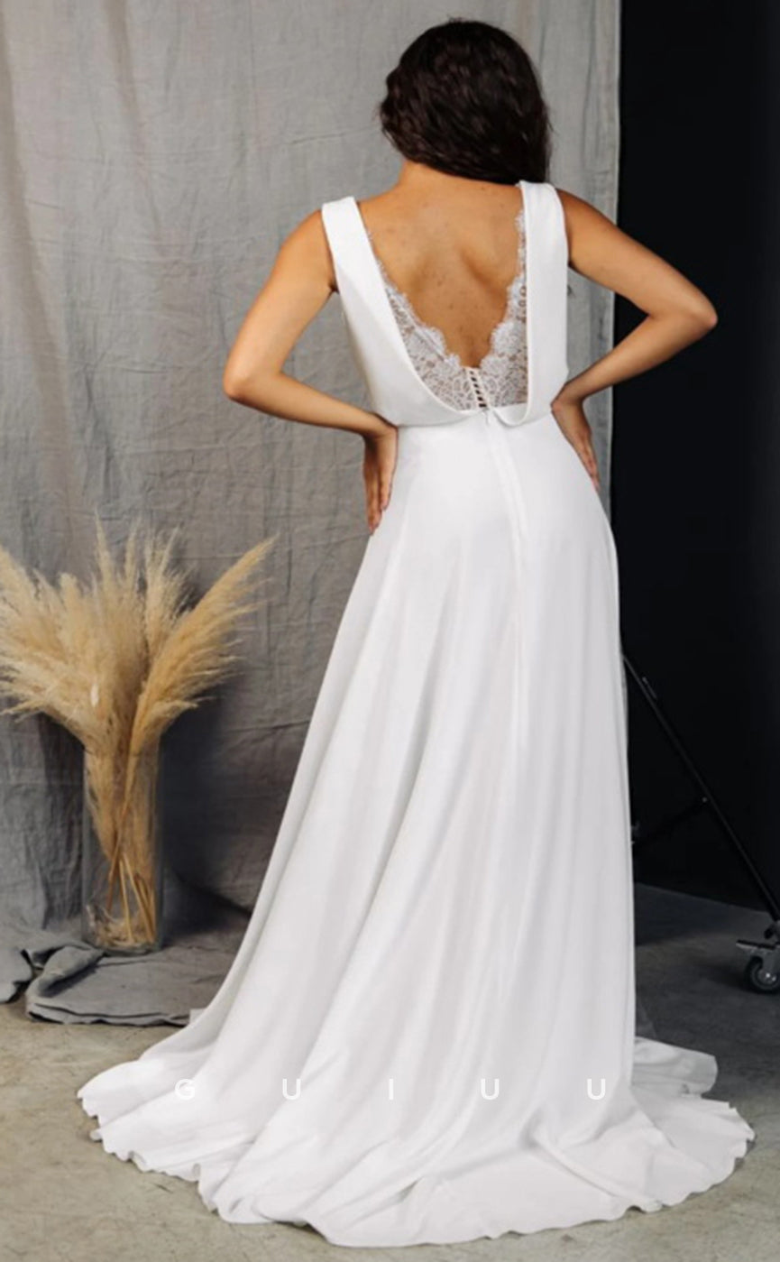 GW950 - Beach A-Line Spaghetti Straps Lace High Slit Elegant Wedding Dress