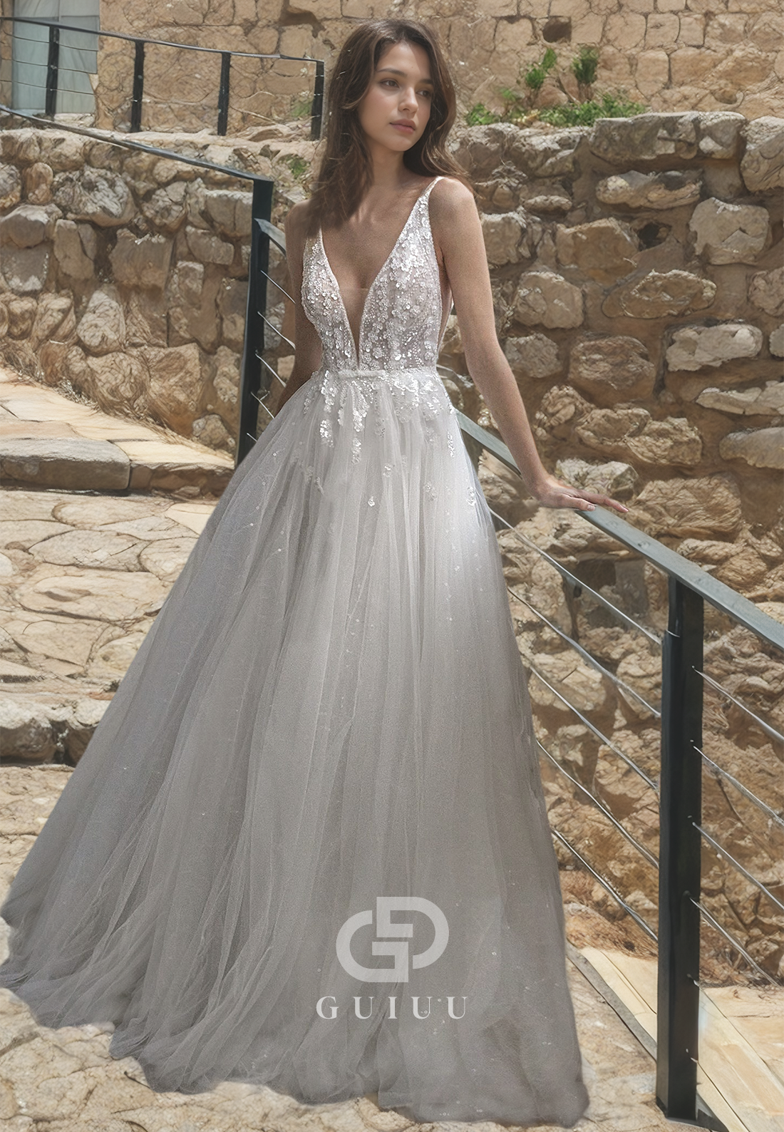 A-Line Pleated Tulle Backless Wedding Dress V-Neck with Beads and Straps