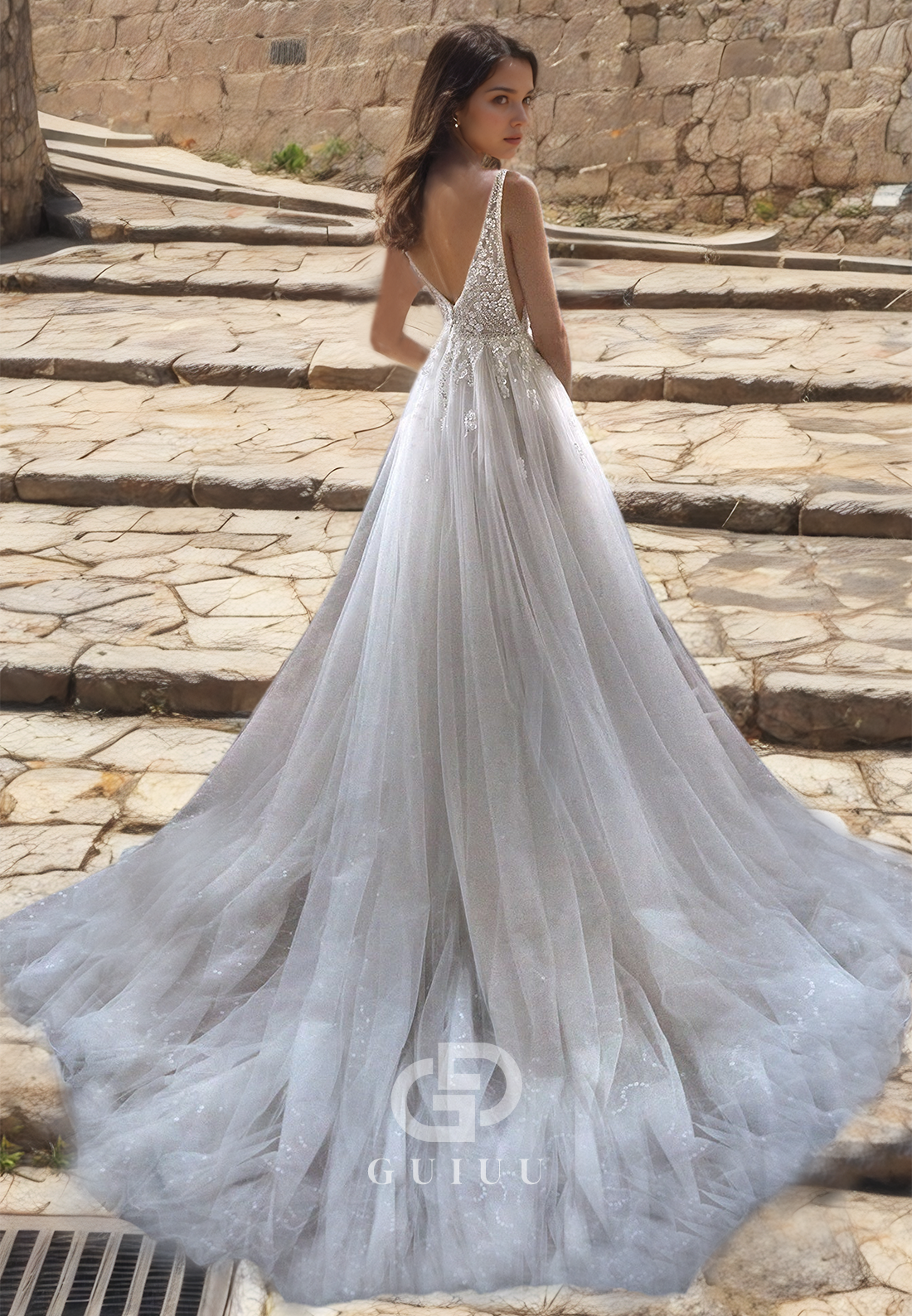 A-Line Pleated Tulle Backless Wedding Dress V-Neck with Beads and Straps