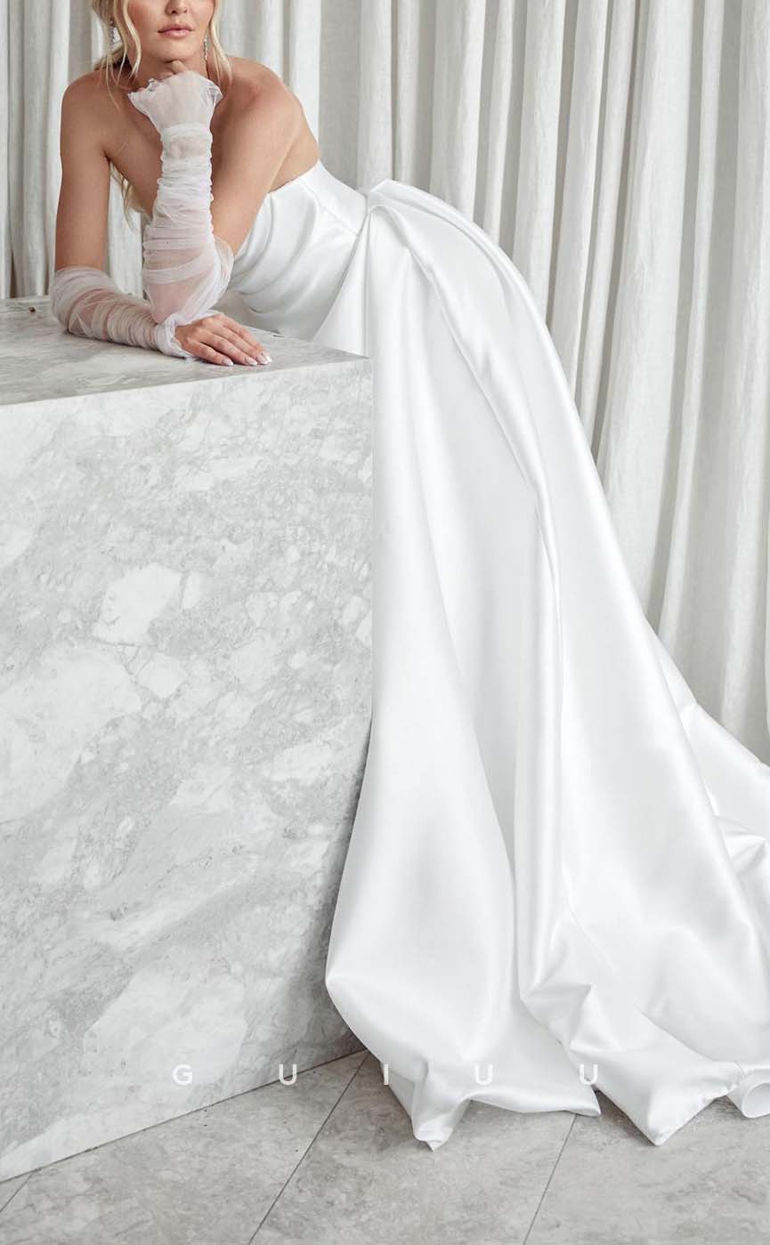 GW471 - Classic & Timeless Strapless Pleated Satin A-Line Wedding Dresses With Slit