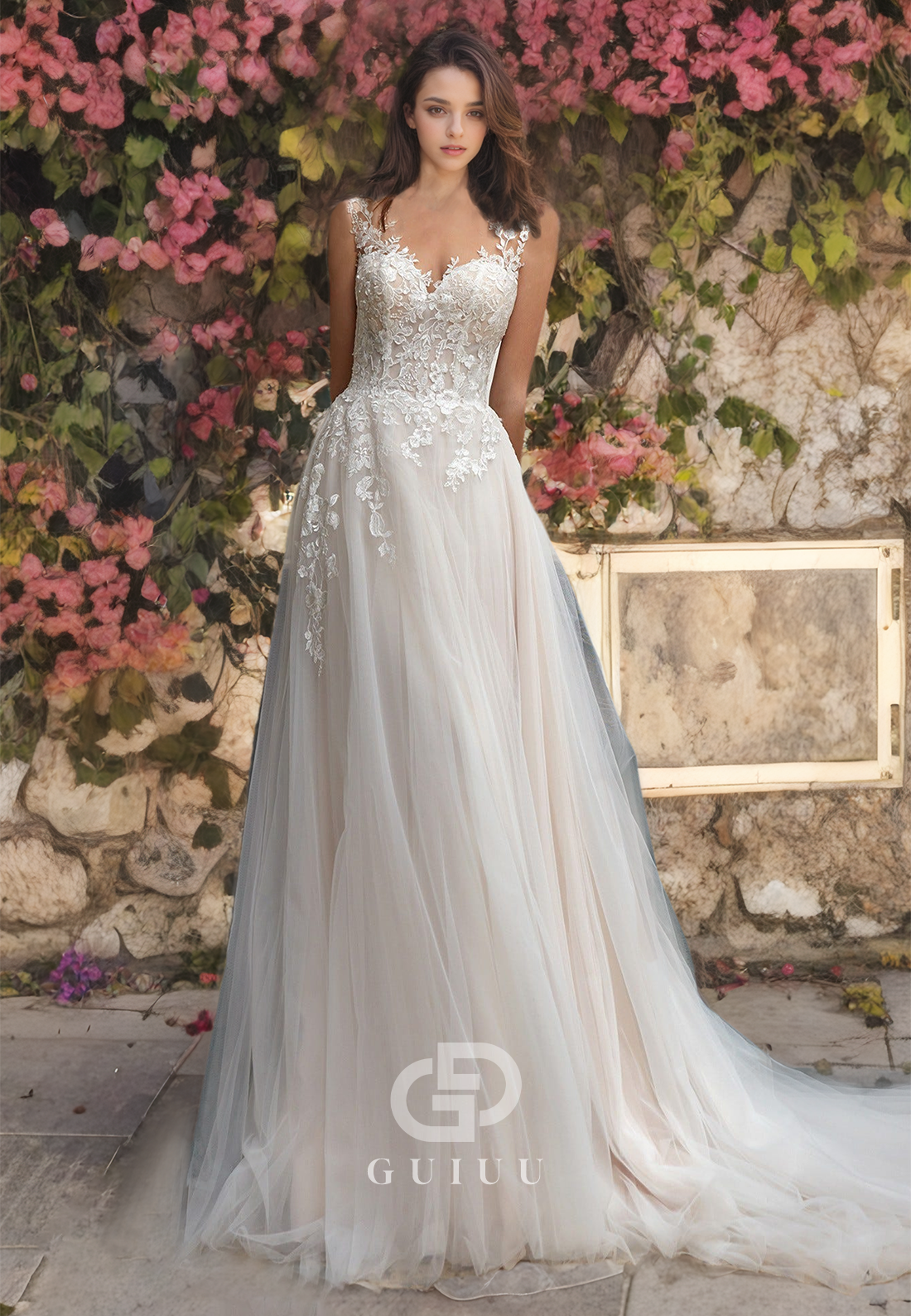 Beaded Ruched Long Wedding Dress Tulle V-Neck Open Back with Straps and Lace Appliques