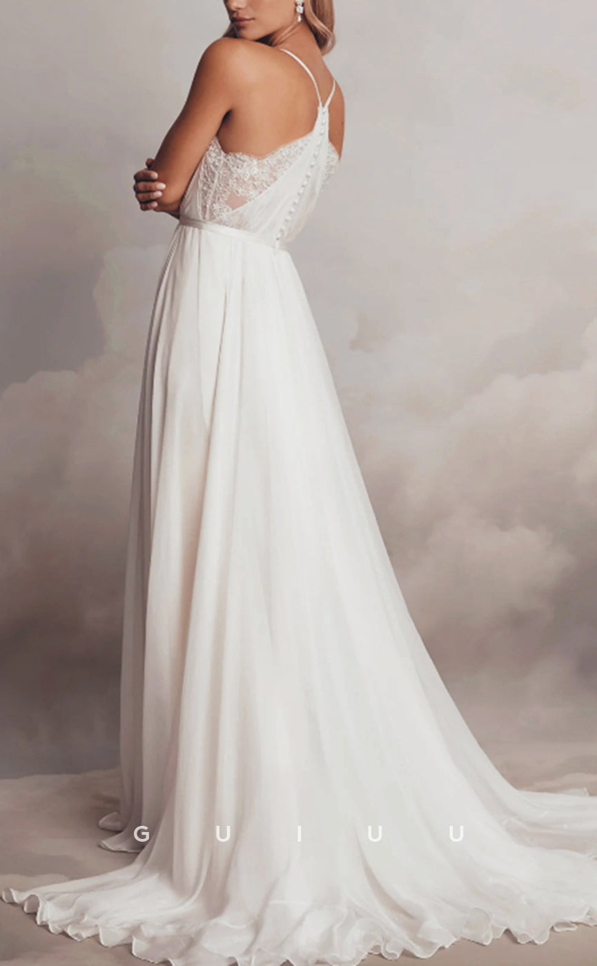 GW953 - Boho A-Line V-Neck Straps Lace Tulle Elegant Wedding Dress with Train