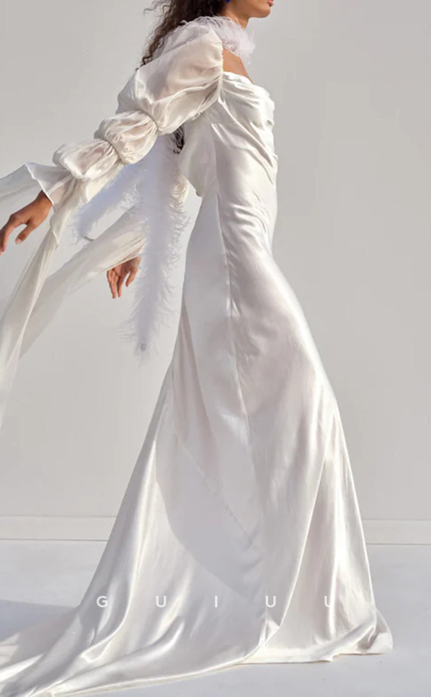 GW954 - Square Long Sleeves High Slit Sleek Satin Elegant Wedding Dress