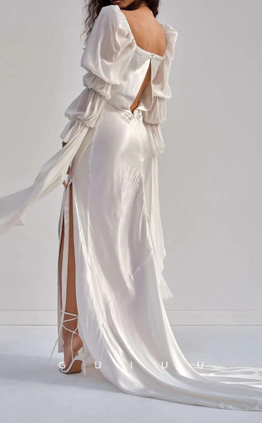 GW954 -  Square Long Sleeves High Slit Sleek Satin Elegant Wedding Dress