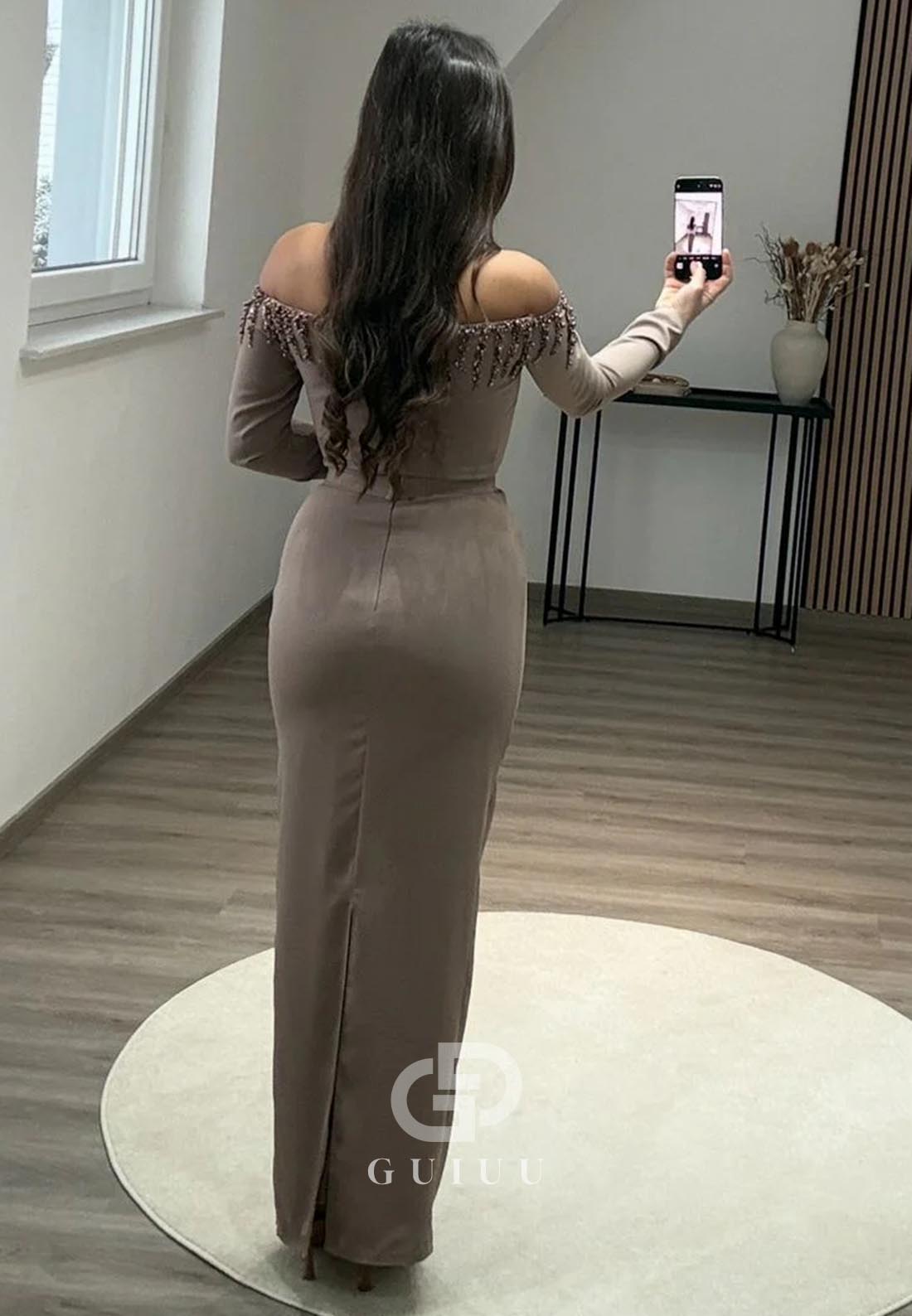 Sheath Off-Shoulder Long Sleeves Sequins Evening Dress