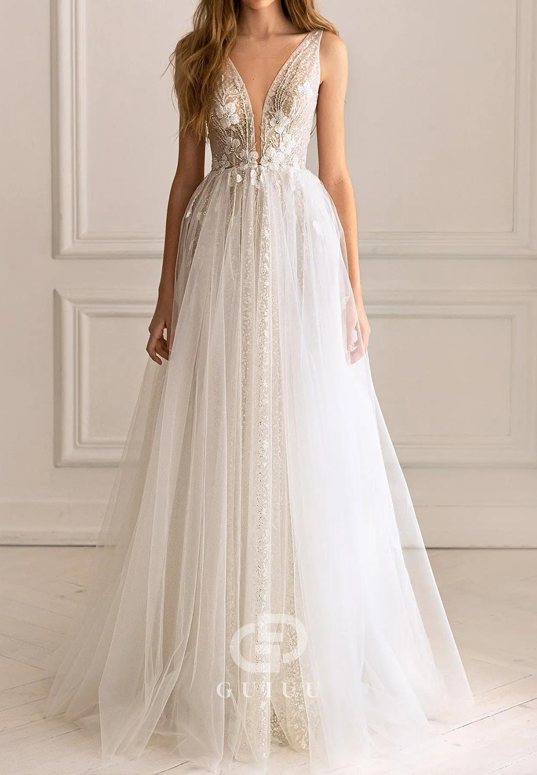 Charming Spaghetti Straps V-Neck Corset Tulle Lace Wedding Dress