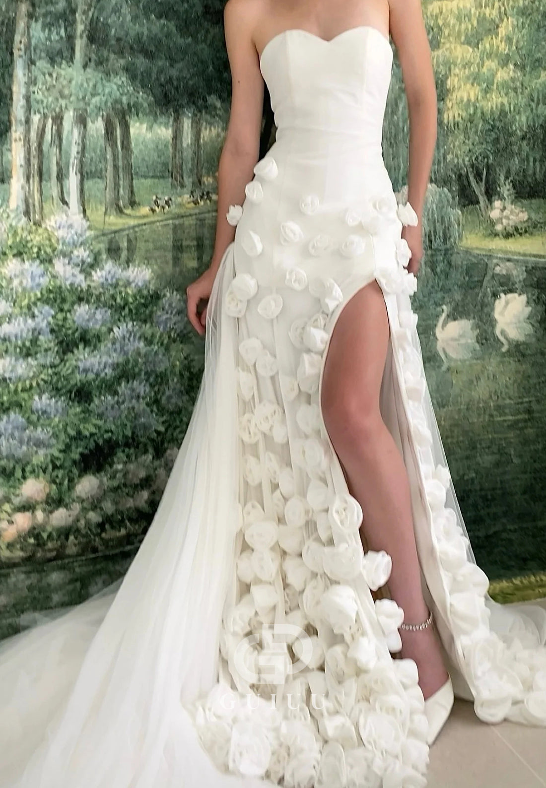 Charming Mermaid Strapless Long Tulle Prom Dress with 3D Flowers