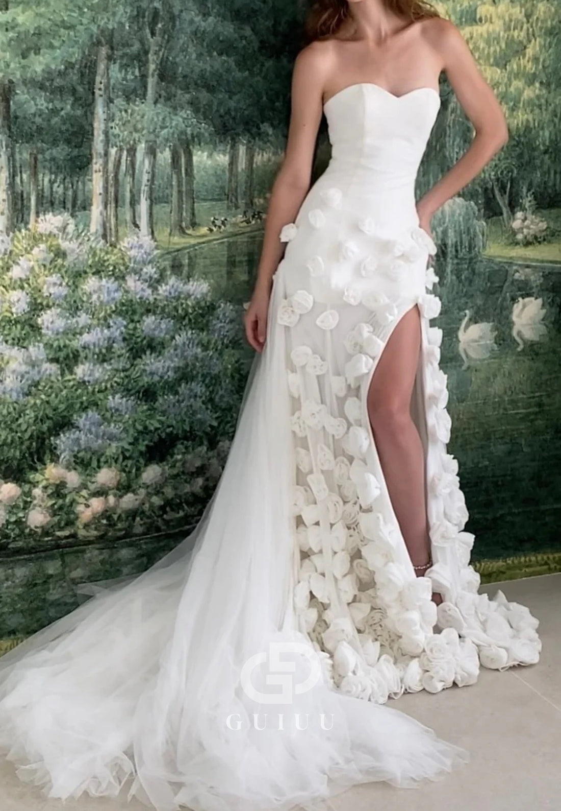 Charming Mermaid Strapless Long Tulle Prom Dress with 3D Flowers